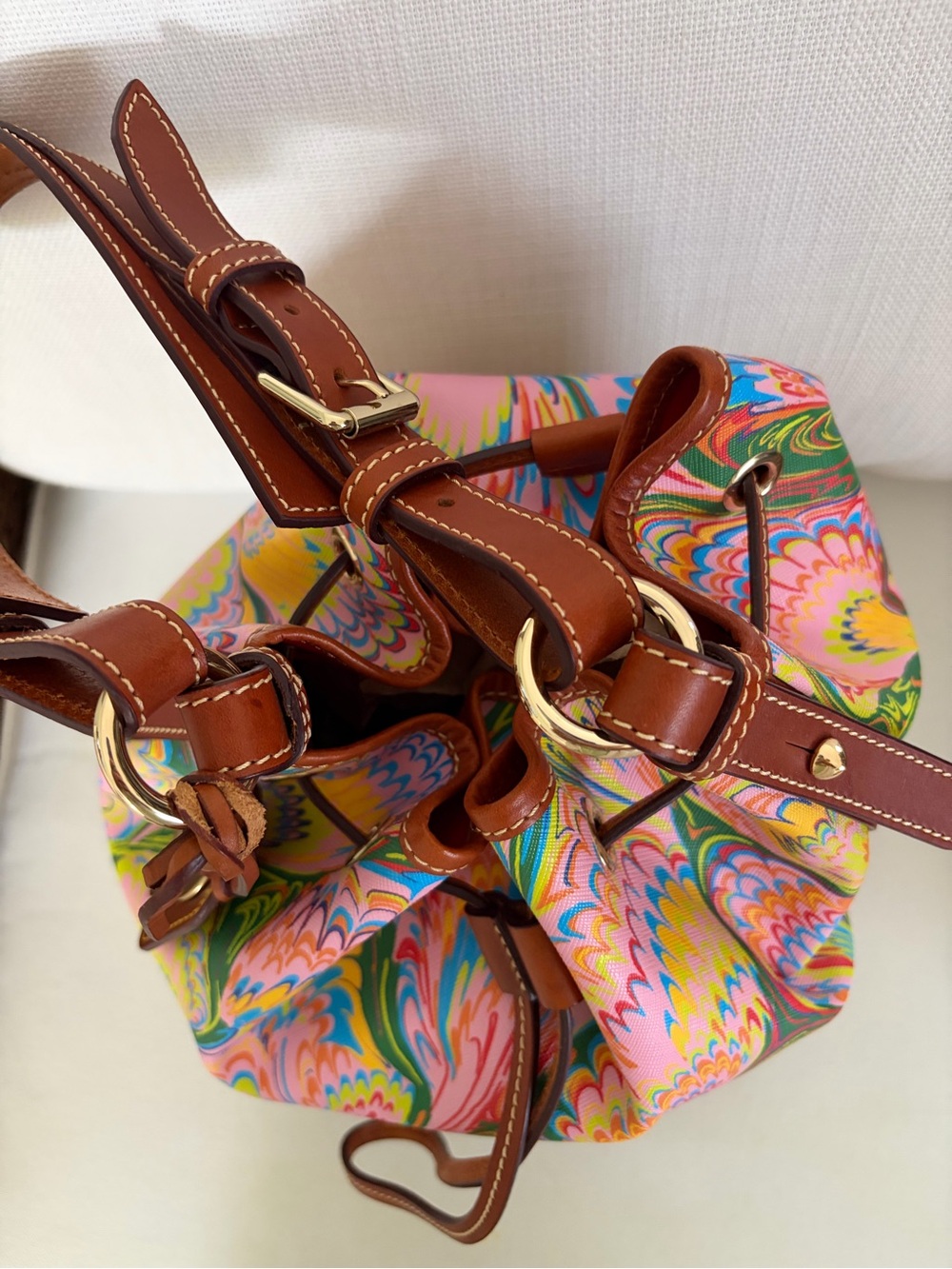Dooney & Bourke Multicolor Swirl Print Leather-Trim Drawstring Bag - Picture 2 of 5